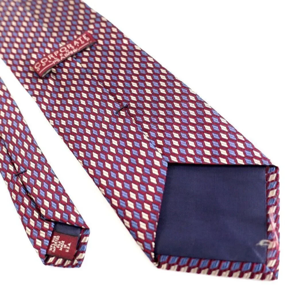 Jos A Bank‎ Corporate Collection Burgundy Red Geometric Check Woven Silk Tie